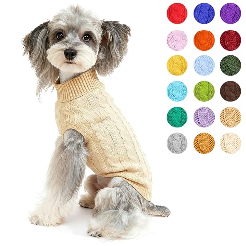 Image of Dog Sweater Soft Warm Turtleneck Knitted Clothes for Small Medium Large Pet | Comfy Wool Knit, Turtleneck & Classic Design, Easy on /off, Warm Winter Girls Boys Dogs Christmas Sweaters, Apricot, XXS