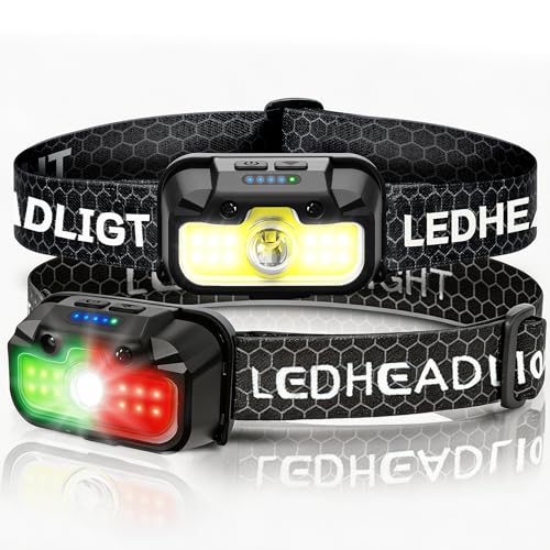 HOKOILN 2-Pack LED Headlamp Rechargeable with Green & Red Light -1300 Lumen Ultra-Bright Flashlight Headlight for Camping, Running, Hiking, Fishing - Waterproof with 7 Modes