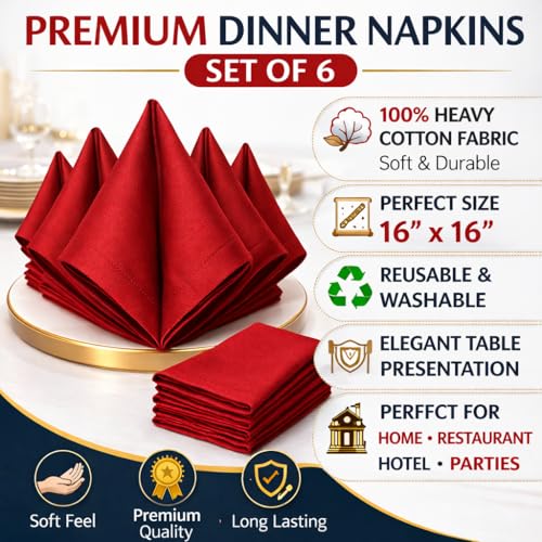 Image of Luxury Dinner Napkins Set of 6-100% Heavy Cotton 400 Thread Count Cloth Napkins 16x16 Inch - Soft & Reusable Premium Table Napkins for Restaurant, Hotel & Home Dining - Burgundy