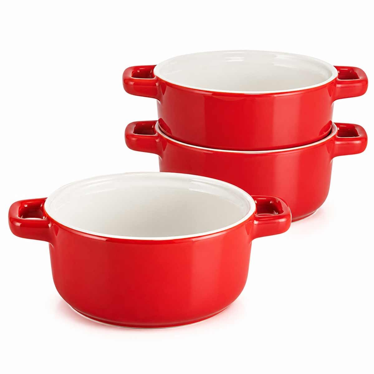 Festive Red Mini Ceramic Casserole Dish Set of 3, 6.3-Inch Small Baking Bowls with Handles for Oven, 3-Piece Individual Souffle Ramekins for Soup & Crème Brûlée