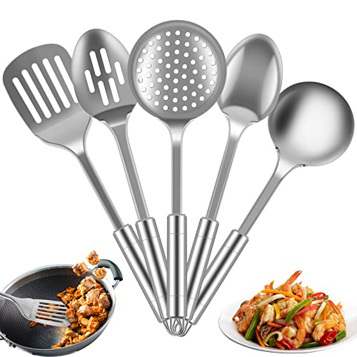 5PCS Kitchen Utensils Set Stainless Steel Cooking Utensils Set Heat Resistant Kitchen Cooking Spoons Spatula with Hanging Hole Non Stick Cooking Tools Dishwasher Safe