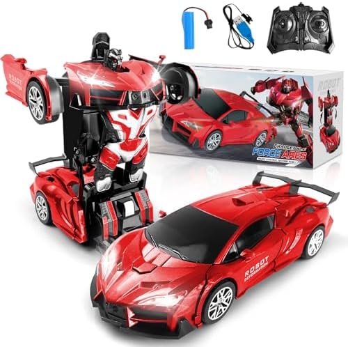 Remote Control Car Transform Toy, 1/18 Scale Transform Robot Toy with LED Light & Music, Gesture Sensing, Automatic Deformation, 360° Rotation, Gift for Boys and Girls
