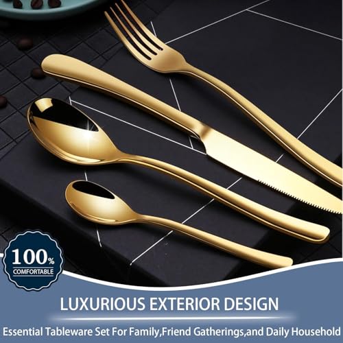 Image of 24 Pieces Flatware Set, Stainless Steel Cutlery Set with Silverware Holder, Modern Gold Silverware Set Includes Dinner Knives Forks Spoons,Hanging Silverware (Golden)