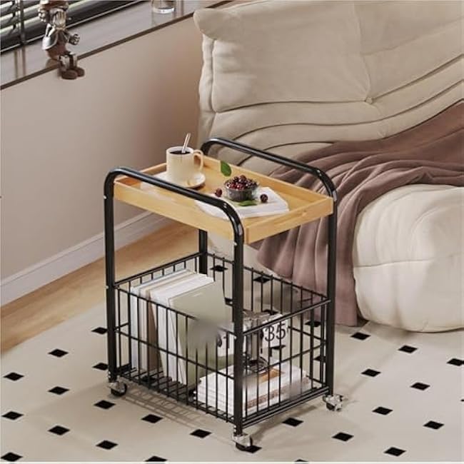2-Layer Rolling Table with Storage Coffee Cart with Removable Bamboo Tray and Wheels Snack Organizer for Living Room Kitchen Long-Lasting(Black)-YcoPrAnL