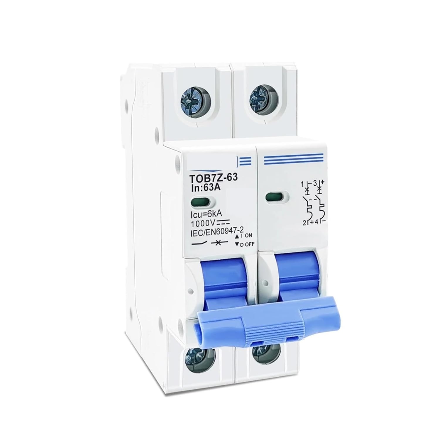 TOB7Z-63 2P DC 1000V Solar Mini Circuit Breaker 3A 6A 10A 16A 20A 25A 32A 40A 50A 63A DC MCB for PV 1Pcs(63A)