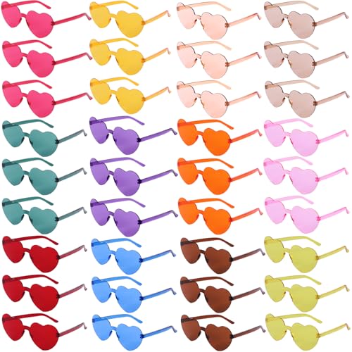 36 Pack 12 Colors Heart Shaped Sunglasses,Retro Artistic Style Party Favors Sun Glasses Bulk for Carnival,Goody Bag Stuffers,Summer Pool Toys,Beach Party Supplies,Birthday,School Gift for Boy and Girl