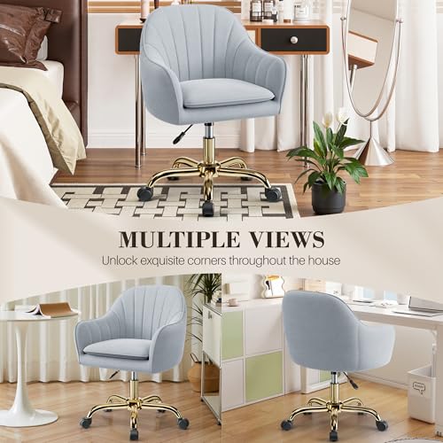 Image of Vanity Chair with Wheels, Comfy Home Office Desk Chairs Adjustable Modern Velvet Makeup Vanity Chairs for Bedroom Living Room-Gray