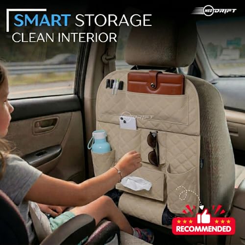 Image of Neodrift 'Seat Master' (Set of 2) | (Color - Beige) Premium 7D Car Seat Organizer, Universal Fit, Multi-Pocket Storage for Bottles, Mobile, Keys and Documents, Tissues
