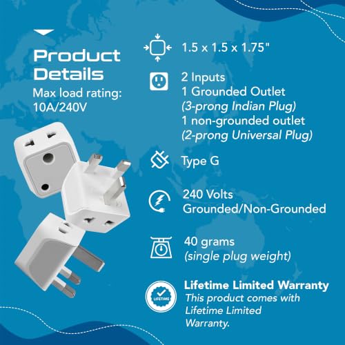 Image of Ceptics UK Adapters for Indian Pins, Type G Plug Adapter with Dual Inputs, India to UAE Adapter, Ireland Plug - 2 in 1 UK Adapter for Laptops, Phones, Chargers - CE - RoHS, 3 Pack
