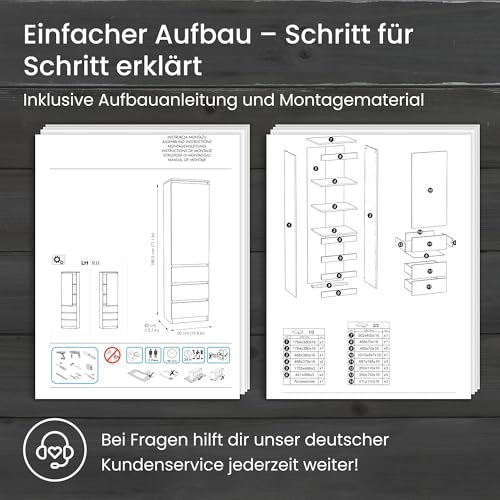 Kleiderschrank, Garderobenschrank, Mehrzweckschrank mit 3 Einlegeböden & 3 Schubladen | kompakter und funktionaler Schrank für Schlafzimmer, Flur oder Arbeitszimmer | 50x40x180 cm (BxTxH) | Weiß