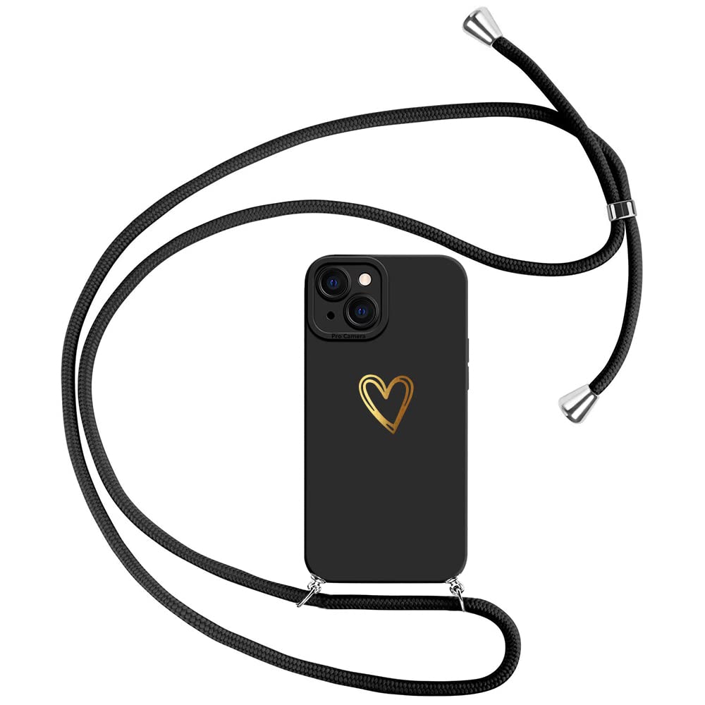 Yum Crispy Compatible with iPhone 13 Case Crossbody Adjustable Neck Lanyard Plating Heart Painting for Women Girls Soft TPU Rubber Shockproof Protection with Lens Protector, Black