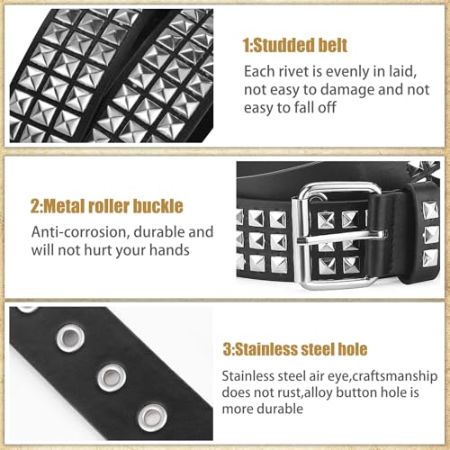 Black Studded Belt, 2 Pcs Y2K Belt Metal Punk Rock Double Grommet Belts with Bright Pyramid Studded for Women Men3