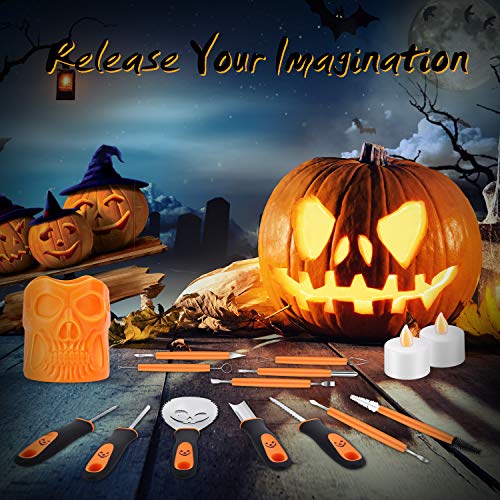 Lilpartner 13 PCS Pumpkin Carving Tools Kit with Non-slip Handle Heavy Duty Stainless Steel Carver Halloween Pumpkin Carving Set with 2 Candles and 6 Papers Engraving Templates - Thumbnail 7