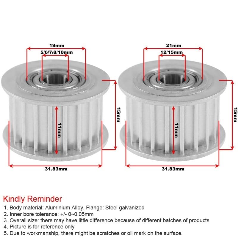 ZGFUS 2pcs XL 20T Idler Pulleys with Teeth, Inner Bore 5/6/7/8/10/12mm Synchronous Pulley Wheel 11mm Width Gear Belt Ider Pulley(Size:7mm)