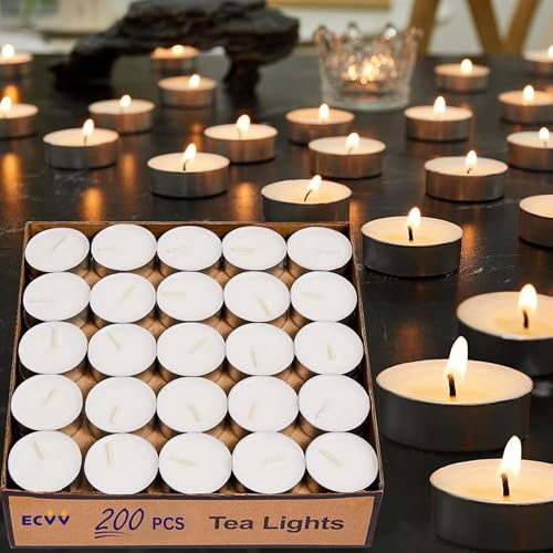 ECVV 200 Pack Tea Lights Candles Tealight Candles White Smokeless Dripless Long Lasting Tea Light Candles Tea Candles for | Weddings | Party | Shabbat | Home Decorative Tealights
