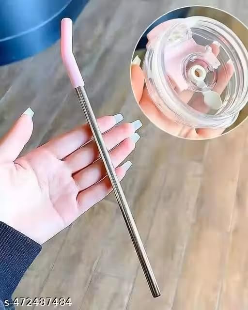 Image of Cute Cartoon Straw Tumbler 860ml with Handle | Doublewall-Reusable Sipper Cup with Lid for Kids & Teens | Lightweight Drinking Mug for Water, Juice & Milk (Pink)