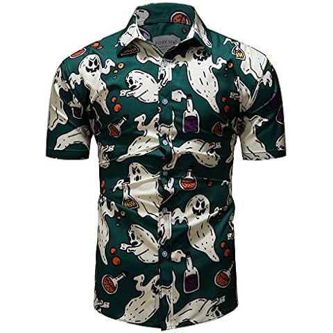 fohemr Mens Halloween Shirts Ugly Pumpkin Print Short Sleeve Button Down Casual Hawaiian Shirt Ghost Theme Adult Dress Green XX-Large Cover