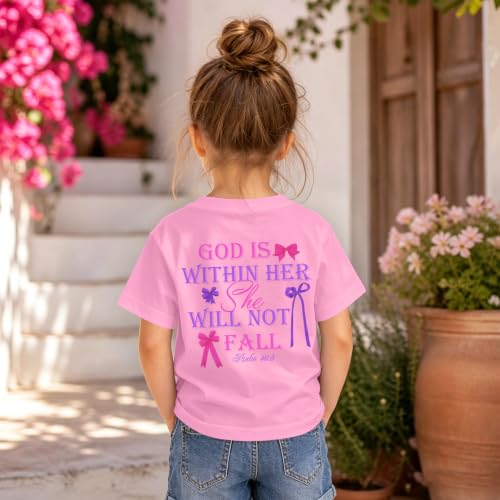 Image of Girls Christian Tees God is Within Her Jesus Shirt for Kids Faith Cute Graphic Bow Tshirt Inspirational Religious Top
