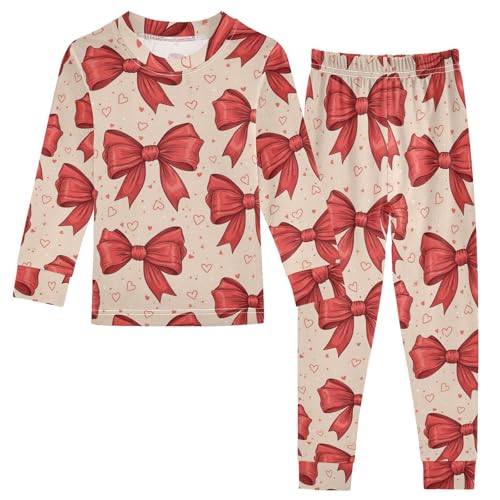 Pajama Sets Long Sleeve Red Bows Hearts Cream Background Soft Comfy Sleepwear 2 Piece PJS 3-8T