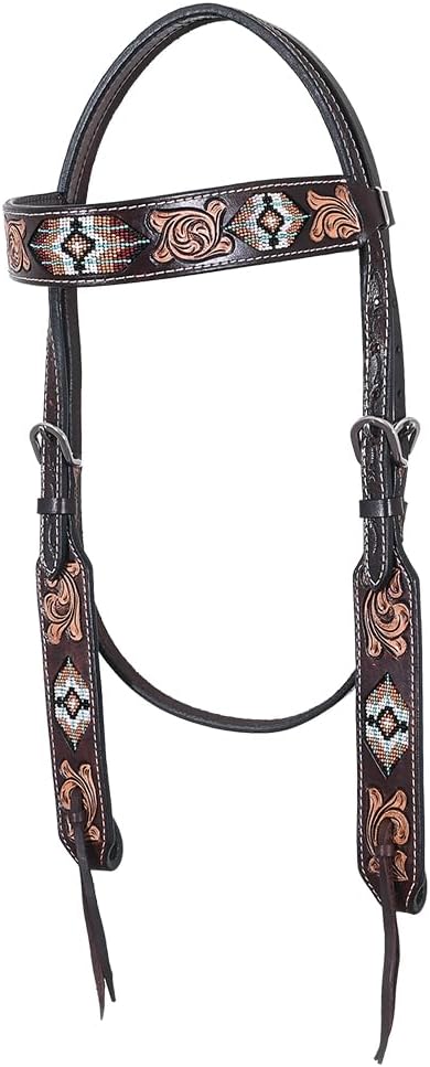 HILASON Western Horse Beaded Hand Tooled Genuine Leather Headstall Breast Collar Brown | Tack Set for Horses