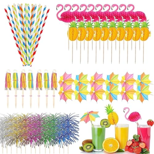 100 PCS Cocktail Drinks Decorations Accessories Including Umbrellas Stirrers Reuseable Paper Straws Sparkler Sticks Pineapple Stirrers Flamingo Stirrers for Beach Birthday Festival Tropical