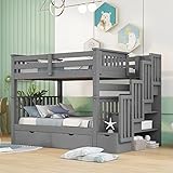 Full Over Full Bunk Bed with Stairs for Adults ,Wooden Full Bunk Beds with 6 Storage Drawers and Shelves, Detachable Full Size Bunk Beds for Teens ,Kids ,Boys & Girls,Grey