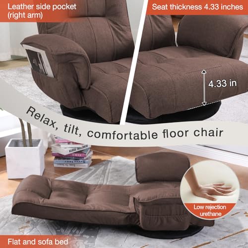 Image of Ergonomic Swivel Floor Gaming Chair with Armrests & Side Pockets, 6-Position Reclining Sofa Bed, Foldable Padded Lounger with Thick Cushion & Lumbar Support for Esports, Reading, TV Watching (Brown)