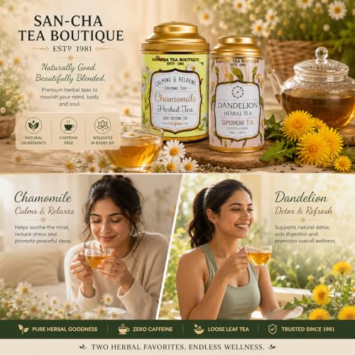 Image of Sancha Tea Boutique, Combo Pack: Chamomile (50g) & Dandelion (50g), Caffeine-Free Herbal Tisanes, Calming Floral & Roasted Infusions