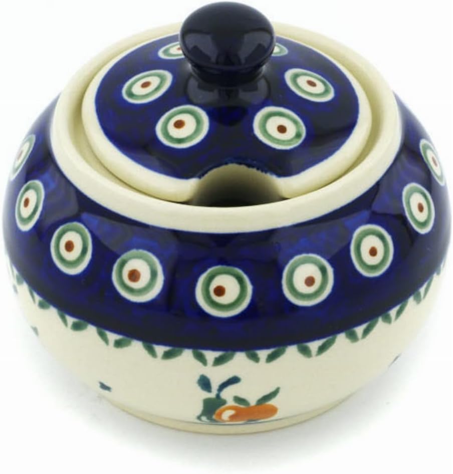 Polmedia Polish Pottery Sugar Bowl 10 oz - Apple Pears Pattern Handmade in Boleslawiec Poland + Certificate of Authenticity