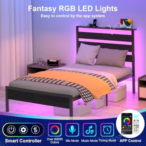 Image of J.Fkne Twin Bed Frame with Headboard, Platform Bed with LED & Charging Station, Heavy Duty Metal Slats, No Box Spring Needed, Noise Free, Easy Assembly, Black