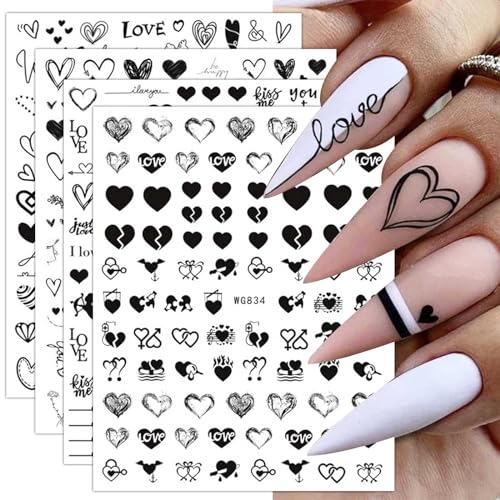 8 Sheets Valentine's Day Nail Art Stickers Decals Self-Adhesive Pegatinas Uñas Black Heart Lover Nail Supplies Nail Art Design Decoration Accessories