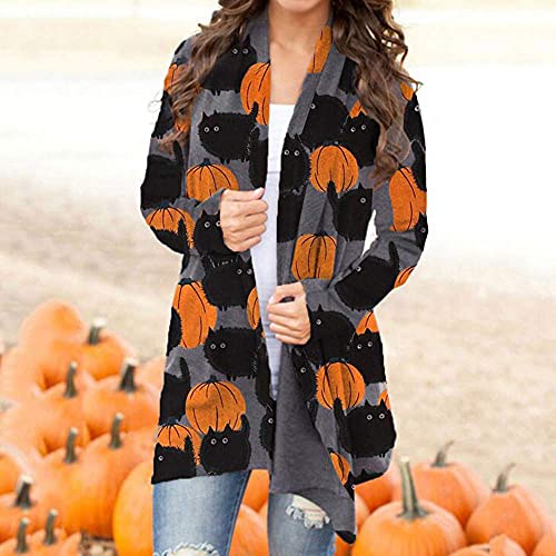 Women's Halloween Pumpkin Cat Print Knitting Cardigan Long Sleeve Open Front Knitted Sweater Outwear Coat Tops (Deep Gray2