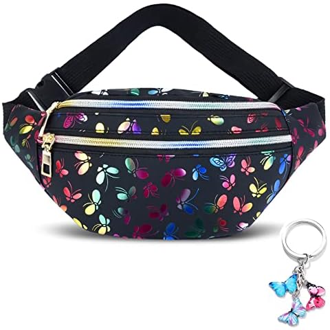 1 Riñonera Mujer Riñoneras Niña Riñonera Festival Riñoneras Holográficas de Color Negro Brillante Riñonera Deportiva Viaje Marcha Brillante Riñoneras Multifuncional, Añade 1 Llavero de Mariposa Cover