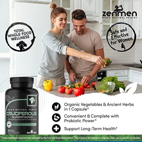 Zenmen Cruciferous Whole Food Vegan Capsules - Organic Phytonutrient & Probiotics Blend - Boost Energy, Support Immune System, Gut & Healthy Body, Liver Detox - 60 Capsules, Made In Usa #TOP3