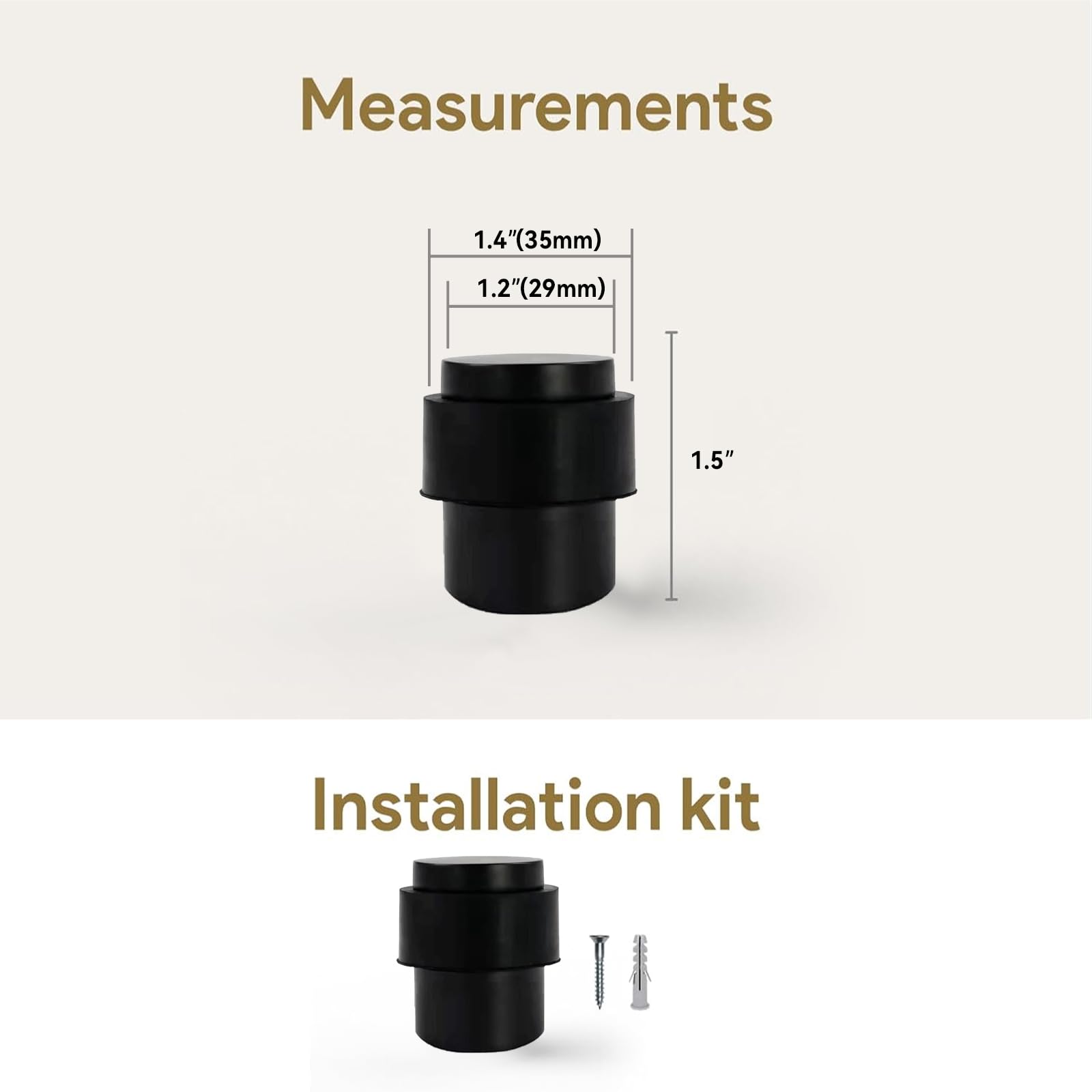 KHTUMEWARE 3801 cylindrical floor door stop dimension diagram, 1-1/2 in (38 mm) overall height, 1.38 in (35 mm) max diameter, Matte Black.