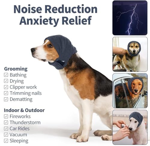 FDEETY Ohrenschutz für Hunde Beruhigende mit Verstellbarem Selbstklebendem Haustier Ohrenklappe Kopfwickel Ohrenschützer Winter Mütze Gehörschutz Hund für Angstlinderung und Beruhigung (M)
