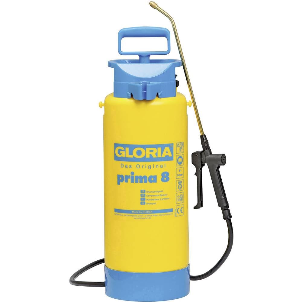 GLORIA Spruzzatore prima 8 | Pompa da Giardino XL da 8 Litri Gialla | Nebulizzatore con lancia in ottone | Base circolare stabile | Livello trasparente | Per grandi giardini, serra e piante
