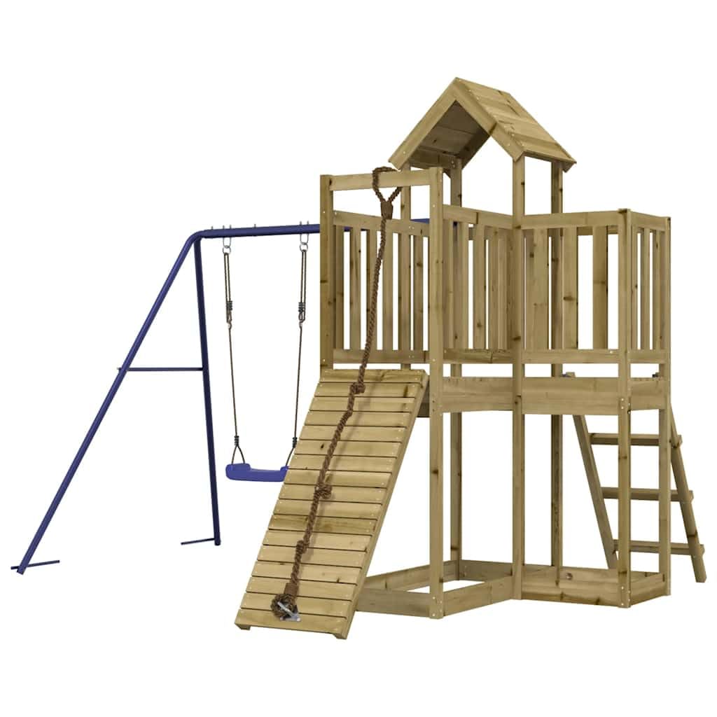 Imprägniertes Kiefernholz Spielturm mit Kletterwand, Schaukel, Sandkasten für Kinder ab 3 Jahren, robustes Garten-Klettergerüst mit Dach, Seil, Leiter, Zubehör, outdoor, langlebig und sicher
