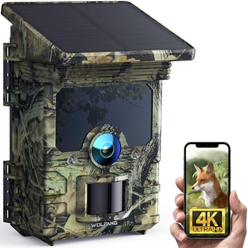 WOLFANG Cámara de Caza Solar 4K 30fps 68MP, WiFi Bluetooth Camara Fototrampeo con Visión Nocturna, Disparo de 0.1 s, Batería de 5200 mAh, IP66 Impermeable, Camara Caza para Monitoreo de Vida Silvestre