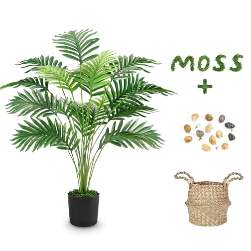 Der Rose Palma finta alta 71 cm, pianta finta Areca in vaso, albero artificiale con cestini intrecciati a mano con manici per interni ed esterni, casa, ufficio, camera da letto, portico, balcone