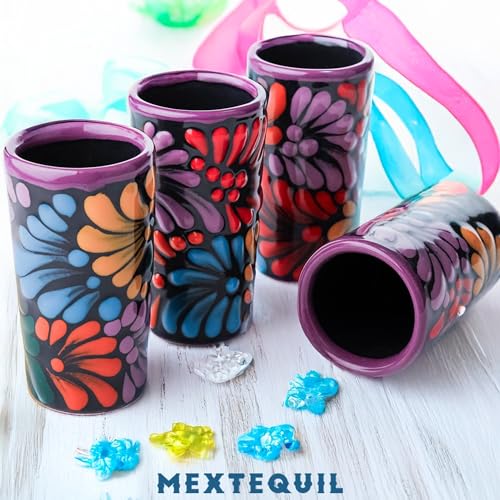 Image of Talavera Shot Glasses Set of 4 Authentic Mexican Tequila Shot Glasses - Hand-painted - 2 Oz (Black Floral)