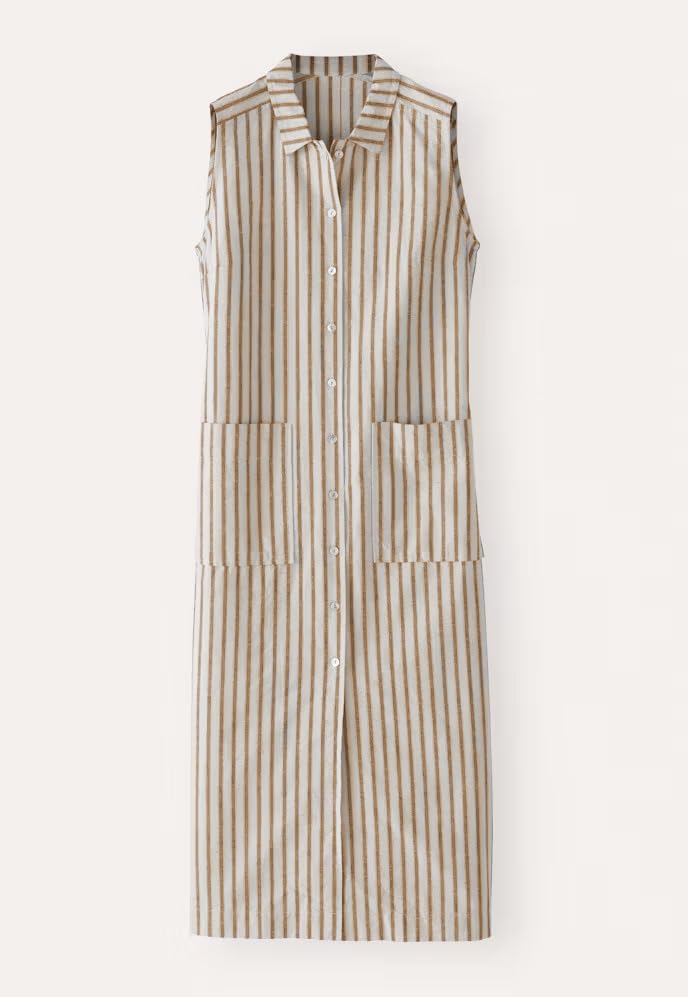 Image of Women's Spring Summer Button-Down Shirt Dress Cotton Striped Collared Tunics Sleeveless Tank Dress with Pockets(Khaki-XL)