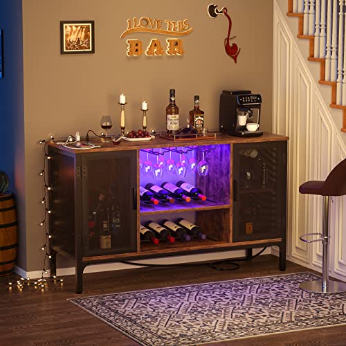 Homieasy Wine Bar Cabinet with Power Outlets & LED Lights, Industrial Liquor Cabinet with Adjustable Wine Racks, Coffee Station Cabinets with Storage for Kitchen/Home, Rustic Brown - Image 6