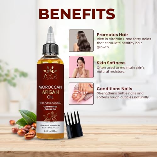 Image of AVD Organics Argan Oil for Hair 120ml - 100% Pure & Natural Moroccan Argan Oil for Adult Hydration, Nourishing, Strengthening, Curly, Frizzy, Dry, Damaged Hair,Face, Skin, Scalp & Nails - (4.05 fl oz)