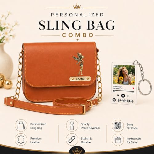 Image of SAVRI Personalized Rakhi Gift for Sister | Customized Leather Sling Bag with Name & Charm and Spotify Photo Keychain with Favourite Song, Personalised Gift Combo for Sister, Behan, Didi- Bro Sis Gift
