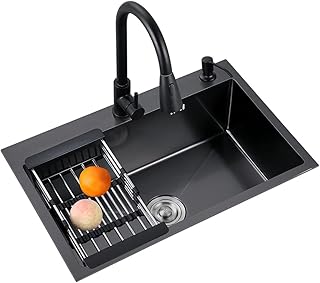Lavello Cucina 1 Vasca, Lavandino Da Incasso In Acciaio Inox Nero Con Estraibile E Cestello Di Scarico Retrattile, Sottotop, Da Appoggio O Filotop, Nanotecnologia Multipla,55×45cm