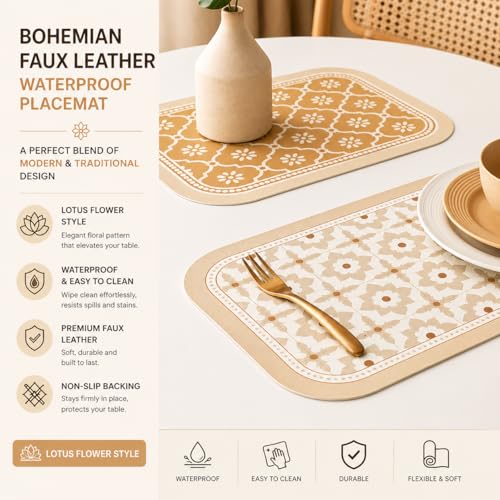Image of Faux Leather Set of 4 Dining Table Placemats | Heat Insulation & Stain Resistant Waterproof Non Slip Dinner Table Mats | Perfect for Home, Kitchen, Restaurant, Office (Lotus Casa)