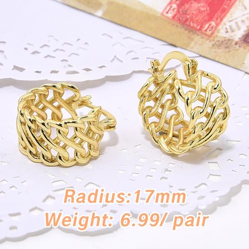 Cuban Link Hoop Earrings for Women Delicate 18K Gold Plated Chain Jewelry Classy Braided Thick Hoops Small Bold Round Wide Faceted Chunky Earrings2