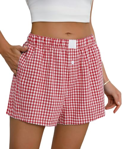 Womens Boxer Shorts Cotton Summer Casual Pajama Y2K Sleep Gingham Plaid Shorts Bottom with Pockets