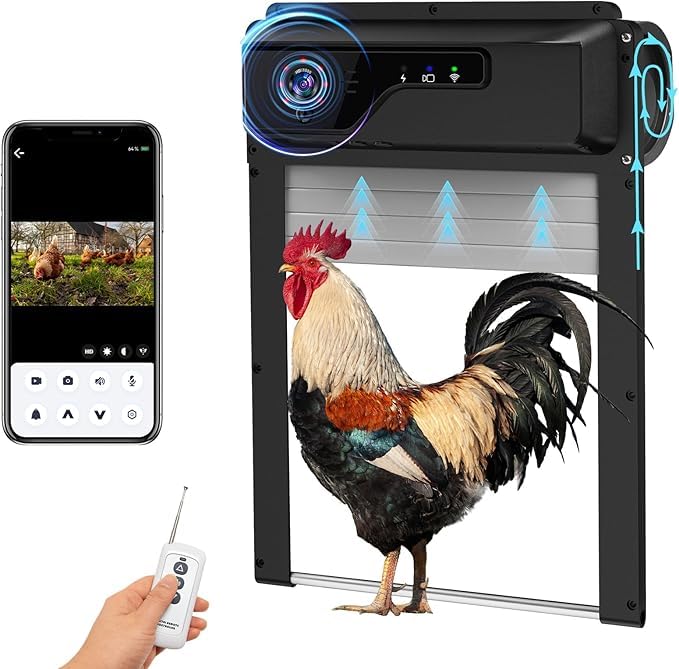 1080P HD Camera Solar Automatic Chicken Coop Door, 5000 mAh Large Battery, Support WiFi, APP Remote Viewing and Control, Timer, Alarm Driver Function,